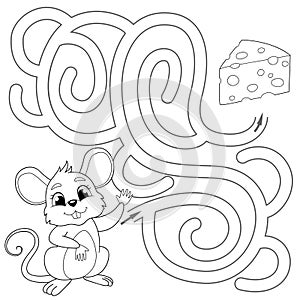 Help mouse find path to chees. Labyrinth. Maze game for kids. Black and white illustration for coloring book photo